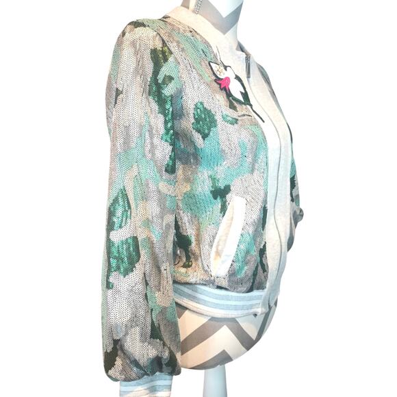 BOSTON PROPER XXS CAMO SEQUIN EMBELLISHED VARSITY FULL ZIP JACKET - Picture 2 of 12